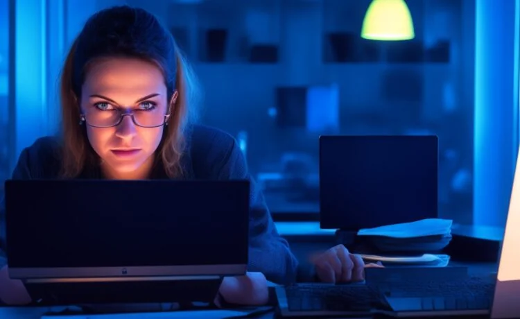 In einem hell erleuchteten, modernen Büro sitzt eine junge Frau konzentriert vor einem Laptop, die Hände über der Tastatur, während natürliches Tageslicht ihr Gesicht sanft wärmt und im Hintergrund unscharf Bücherregale voller Fachliteratur sowie ein Glas Wasser auf dem Tisch für eine authentische Arbeitsatmosphäre sorgen.