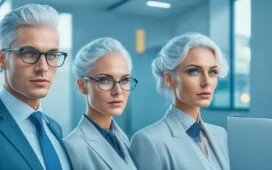 Ein lebendig strahlendes Porträt einer sympathischen jungen Frau mit natürlichem Lächeln, leicht futuristischer Note im dezenten Styling, umgeben von warmem Tageslicht in einem modernen, hellen Büro mit sanften technologischen Details im Hintergrund, das ein Gefühl von Nähe, Innovation und digitaler Transformation vermittelt.