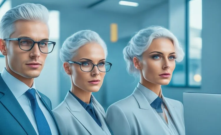 Ein lebendig strahlendes Porträt einer sympathischen jungen Frau mit natürlichem Lächeln, leicht futuristischer Note im dezenten Styling, umgeben von warmem Tageslicht in einem modernen, hellen Büro mit sanften technologischen Details im Hintergrund, das ein Gefühl von Nähe, Innovation und digitaler Transformation vermittelt.