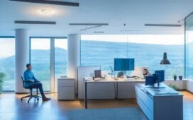 Ein hell erleuchtetes, freundliches Büroambiente, in dem diverse Mitarbeitende mit konzentrierten, zuversichtlichen Gesichtern an modernen Computern und Tablets sitzen, während natürliche Sonnenstrahlen durch große Fenster fallen und eine Atmosphäre von Hoffnung, Zusammenarbeit und digitalem Wandel ausstrahlen.