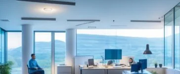 Ein hell erleuchtetes, freundliches Büroambiente, in dem diverse Mitarbeitende mit konzentrierten, zuversichtlichen Gesichtern an modernen Computern und Tablets sitzen, während natürliche Sonnenstrahlen durch große Fenster fallen und eine Atmosphäre von Hoffnung, Zusammenarbeit und digitalem Wandel ausstrahlen.