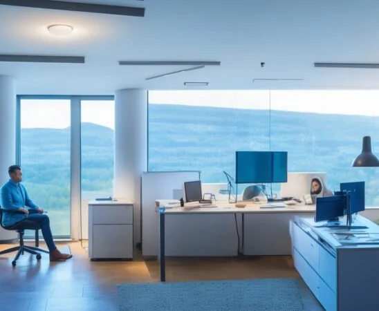 Ein hell erleuchtetes, freundliches Büroambiente, in dem diverse Mitarbeitende mit konzentrierten, zuversichtlichen Gesichtern an modernen Computern und Tablets sitzen, während natürliche Sonnenstrahlen durch große Fenster fallen und eine Atmosphäre von Hoffnung, Zusammenarbeit und digitalem Wandel ausstrahlen.