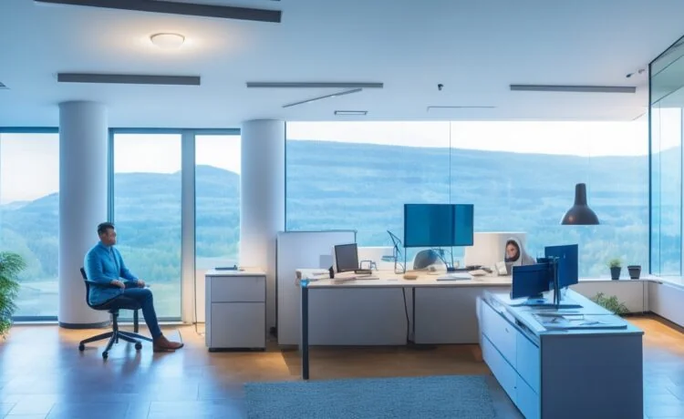 Ein hell erleuchtetes, freundliches Büroambiente, in dem diverse Mitarbeitende mit konzentrierten, zuversichtlichen Gesichtern an modernen Computern und Tablets sitzen, während natürliche Sonnenstrahlen durch große Fenster fallen und eine Atmosphäre von Hoffnung, Zusammenarbeit und digitalem Wandel ausstrahlen.