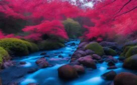 Eine sonnenbeschienene Küstenlandschaft in Japan mit klar sichtbaren, leuchtend roten Algen am Wasser, umgeben von sanft wiegenden Gräsern und einem Team von Forschern mit moderner Unterwassertechnik, die aufmerksam die marine Umwelt überwachen – ein harmonisches Bild von Zukunft, Naturschutz und technologischer Innovation.