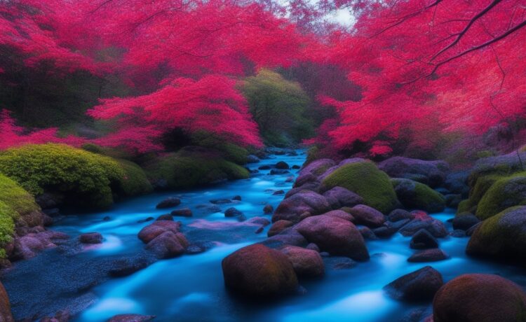 Eine sonnenbeschienene Küstenlandschaft in Japan mit klar sichtbaren, leuchtend roten Algen am Wasser, umgeben von sanft wiegenden Gräsern und einem Team von Forschern mit moderner Unterwassertechnik, die aufmerksam die marine Umwelt überwachen – ein harmonisches Bild von Zukunft, Naturschutz und technologischer Innovation.