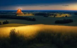 Ein strahlend heller, natürlicher Außenblick auf eine hochmoderne Kampfdrohne im Flug über sanft beleuchteter, friedlicher Landschaft, die mit warmem Sonnenlicht durchflutet ist und zugleich die spannende Verbindung von fortschrittlicher KI-Technologie und der ernsthaften Realität moderner Kriegsführung widerspiegelt.