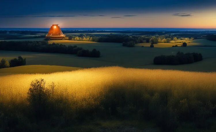 Ein strahlend heller, natürlicher Außenblick auf eine hochmoderne Kampfdrohne im Flug über sanft beleuchteter, friedlicher Landschaft, die mit warmem Sonnenlicht durchflutet ist und zugleich die spannende Verbindung von fortschrittlicher KI-Technologie und der ernsthaften Realität moderner Kriegsführung widerspiegelt.