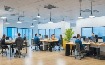 Ein lichtdurchflutetes, modernes Büro mit einem Team von IT-Spezialisten, die konzentriert und freundlich mit Laptops und Tablets an der Verwaltung von Kubernetes-Clustern arbeiten, umgeben von großen Fenstern, warmem Tageslicht und einem einladenden, produktiven Ambiente.