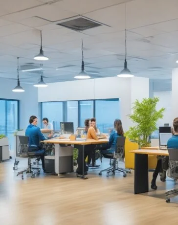 Ein lichtdurchflutetes, modernes Büro mit einem Team von IT-Spezialisten, die konzentriert und freundlich mit Laptops und Tablets an der Verwaltung von Kubernetes-Clustern arbeiten, umgeben von großen Fenstern, warmem Tageslicht und einem einladenden, produktiven Ambiente.