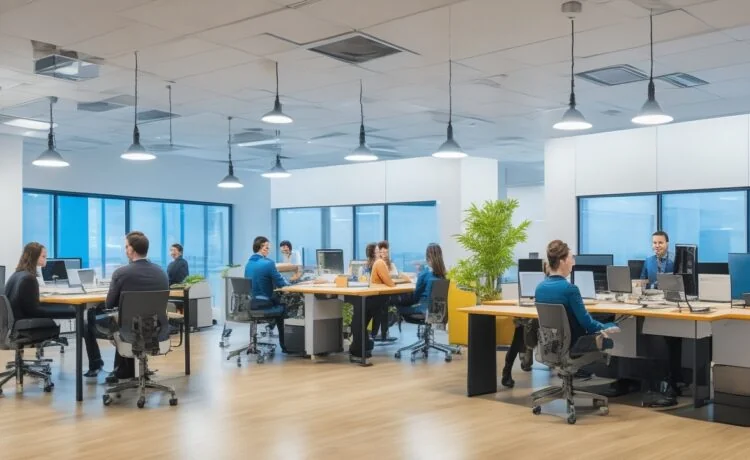 Ein lichtdurchflutetes, modernes Büro mit einem Team von IT-Spezialisten, die konzentriert und freundlich mit Laptops und Tablets an der Verwaltung von Kubernetes-Clustern arbeiten, umgeben von großen Fenstern, warmem Tageslicht und einem einladenden, produktiven Ambiente.