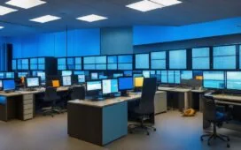 In einem hell erleuchteten, modernen Labor sitzen lächelnde Wissenschaftlerinnen und Wissenschaftler konzentriert vor hochentwickelten Computerdisplays und mikroelektronischen Schaltkreisen, wobei warme Sonnenstrahlen durch große Fenster fallen und eine freundliche, inspirierende Atmosphäre schaffen, die Fortschritt und menschliche Nähe in der neuromorphen KI-Forschung verbindet.