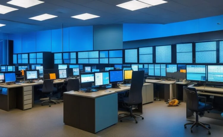 In einem hell erleuchteten, modernen Labor sitzen lächelnde Wissenschaftlerinnen und Wissenschaftler konzentriert vor hochentwickelten Computerdisplays und mikroelektronischen Schaltkreisen, wobei warme Sonnenstrahlen durch große Fenster fallen und eine freundliche, inspirierende Atmosphäre schaffen, die Fortschritt und menschliche Nähe in der neuromorphen KI-Forschung verbindet.