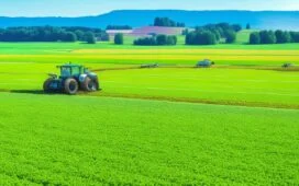 Ein sonnendurchflutetes Spargelfeld im Frühling, auf dem ein moderner, KI-gesteuerter Ernte-Roboter behutsam die zarten Stangen pflückt, während ein Landwirt im Hintergrund mit einem warmen Lächeln seine Arbeit beobachtet und die harmonische Verbindung von Technologie und Natur spürbar wird.
