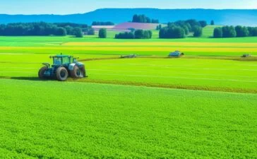 Ein sonnendurchflutetes Spargelfeld im Frühling, auf dem ein moderner, KI-gesteuerter Ernte-Roboter behutsam die zarten Stangen pflückt, während ein Landwirt im Hintergrund mit einem warmen Lächeln seine Arbeit beobachtet und die harmonische Verbindung von Technologie und Natur spürbar wird.