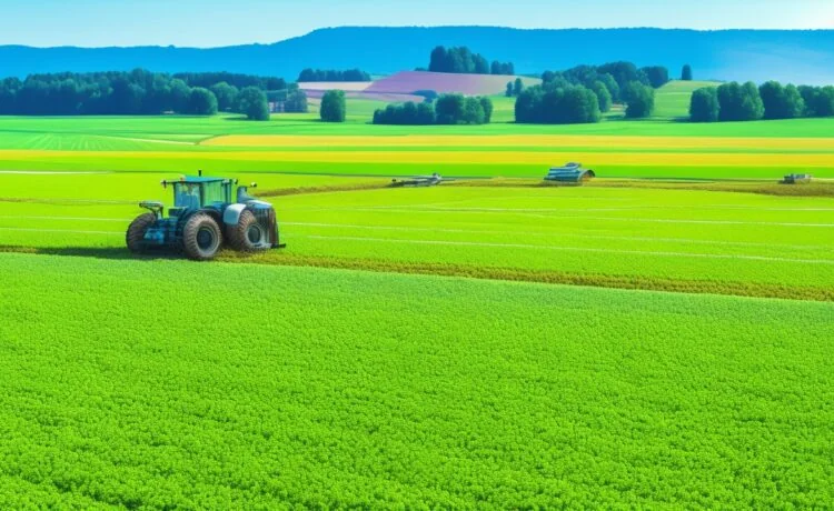 Ein sonnendurchflutetes Spargelfeld im Frühling, auf dem ein moderner, KI-gesteuerter Ernte-Roboter behutsam die zarten Stangen pflückt, während ein Landwirt im Hintergrund mit einem warmen Lächeln seine Arbeit beobachtet und die harmonische Verbindung von Technologie und Natur spürbar wird.