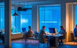 Ein warm beleuchteter, moderner Büroraum, in dem ein dynamisches Tech-Team engagiert an Laptops arbeitet, während natürliches Tageslicht durch große Fenster fällt und die lebhafte Atmosphäre des KI-unterstützten Arbeitsalltags bei Meta einladend einfängt.