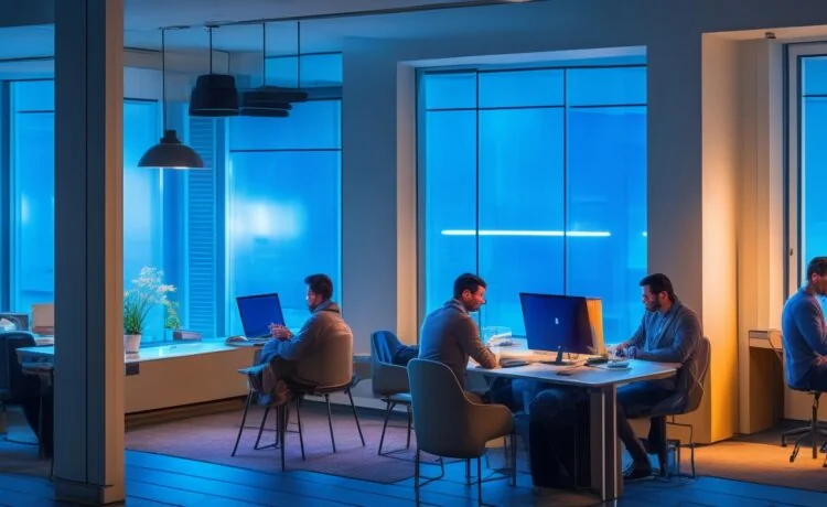 Ein warm beleuchteter, moderner Büroraum, in dem ein dynamisches Tech-Team engagiert an Laptops arbeitet, während natürliches Tageslicht durch große Fenster fällt und die lebhafte Atmosphäre des KI-unterstützten Arbeitsalltags bei Meta einladend einfängt.