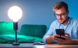 Ein freundliches, natürlich beleuchtetes Büroambiente, in dem eine lächelnde Person konzentriert auf einem modernen Smartphone die WhatsApp-Einstellungen prüft, umgeben von warmen Holztönen und hellem Tageslicht, das eine einladende und vertrauensvolle Atmosphäre schafft.