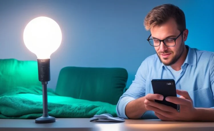 Ein freundliches, natürlich beleuchtetes Büroambiente, in dem eine lächelnde Person konzentriert auf einem modernen Smartphone die WhatsApp-Einstellungen prüft, umgeben von warmen Holztönen und hellem Tageslicht, das eine einladende und vertrauensvolle Atmosphäre schafft.