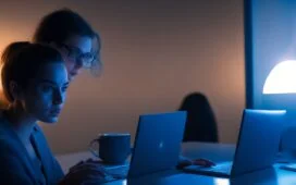 In einem hell erleuchteten, modernen Bürogebäude steht eine nachdenkliche Frau mittleren Alters vor großen Fenstern, während sie vertraut auf einen Laptop blickt, umgeben von warmem Tageslicht und integrierten Pflanzen, die eine Atmosphäre von Vertrauen, Transparenz und verantwortungsvoller digitaler Verwaltung ausstrahlt.