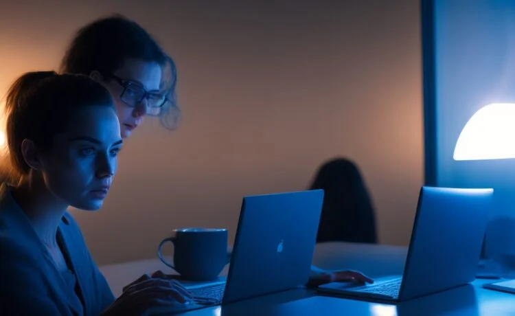 In einem hell erleuchteten, modernen Bürogebäude steht eine nachdenkliche Frau mittleren Alters vor großen Fenstern, während sie vertraut auf einen Laptop blickt, umgeben von warmem Tageslicht und integrierten Pflanzen, die eine Atmosphäre von Vertrauen, Transparenz und verantwortungsvoller digitaler Verwaltung ausstrahlt.