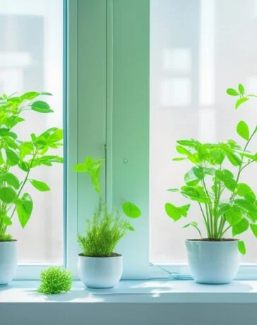 Ein lichtdurchfluteter, moderner Serverraum mit frischem Grün in Form von Pflanzen, sanfter Sonnenstrahl fällt durch große Fenster auf glänzende, energieeffiziente Rechenzentren, während im Vordergrund eine zufriedene Technikerin mit Tablet die nachhaltige Digitalisierung symbolisiert – warm, einladend und zukunftsorientiert.