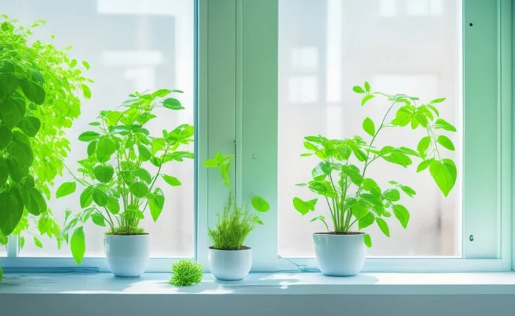 Ein lichtdurchfluteter, moderner Serverraum mit frischem Grün in Form von Pflanzen, sanfter Sonnenstrahl fällt durch große Fenster auf glänzende, energieeffiziente Rechenzentren, während im Vordergrund eine zufriedene Technikerin mit Tablet die nachhaltige Digitalisierung symbolisiert – warm, einladend und zukunftsorientiert.