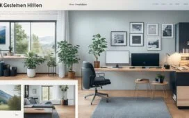 In einem hellen, freundlich gestalteten Workspace lichtet sich die Szene auf einen konzentrierten Webdesigner vor mehreren Bildschirmen mit modernen Interface-Layouts, die dank natürlichem Tageslicht und warmer Farbgebung eine einladende, kreative Atmosphäre voller Zukunftsoptimismus ausstrahlt.