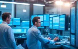 Ein modern eingerichteter, lichtdurchfluteter IT-Arbeitsplatz mit einem entspannten Techniker, der vor mehreren Bildschirmen mit klar erkennbaren Server- und Virtualisierungsoberflächen sitzt, umgeben von warmen Holztönen und grünen Pflanzen, die eine Atmosphäre von Offenheit, Freiheit und technologischer Unabhängigkeit vermitteln.