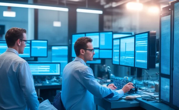 Ein modern eingerichteter, lichtdurchfluteter IT-Arbeitsplatz mit einem entspannten Techniker, der vor mehreren Bildschirmen mit klar erkennbaren Server- und Virtualisierungsoberflächen sitzt, umgeben von warmen Holztönen und grünen Pflanzen, die eine Atmosphäre von Offenheit, Freiheit und technologischer Unabhängigkeit vermitteln.