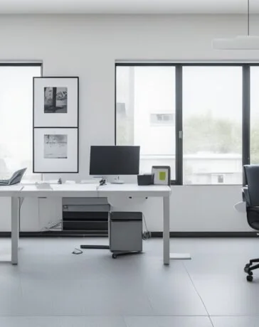Ein strahlend helles Büro mit moderner, minimalistisch eingerichteter IT-Arbeitsumgebung, in der eine freundliche Person entspannt vor mehreren Bildschirmen sitzt, die open-source Virtualisierungssoftware zeigen, während warmes Tageslicht durch große Fenster fällt und eine Atmosphäre von Innovation, Transparenz und Zusammenarbeit schafft.