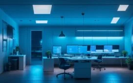 Ein hell erleuchtetes, modernes Büro mit entspannter, fokussierter Person vor einem Laptop, umgeben von warmem Tageslicht und subtilen technischen Details, die eine Atmosphäre von Innovation und digitaler Vernetzung vermitteln.