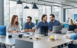 Ein freundliches, sonnenbeschienenes Büro mit einem interdisziplinären Team aus Designer:innen und Entwickler:innen in lebhafter Diskussion um digitale Produktideen, umgeben von Notizen und Laptops, die echte Nähe, kreative Zusammenarbeit und den Geist von Product Discovery im modernen UX-Design ausstrahlt.