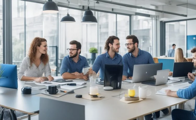 Ein freundliches, sonnenbeschienenes Büro mit einem interdisziplinären Team aus Designer:innen und Entwickler:innen in lebhafter Diskussion um digitale Produktideen, umgeben von Notizen und Laptops, die echte Nähe, kreative Zusammenarbeit und den Geist von Product Discovery im modernen UX-Design ausstrahlt.