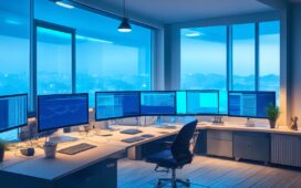Ein lichtdurchflutetes Büro mit einem fokussierten Data-Scientist, der an einem modernen Laptop arbeitet, umgeben von Bildschirmen mit dynamischen Datenvisualisierungen, während die warme, natürliche Sonneneinstrahlung eine einladende und produktive Atmosphäre schafft.