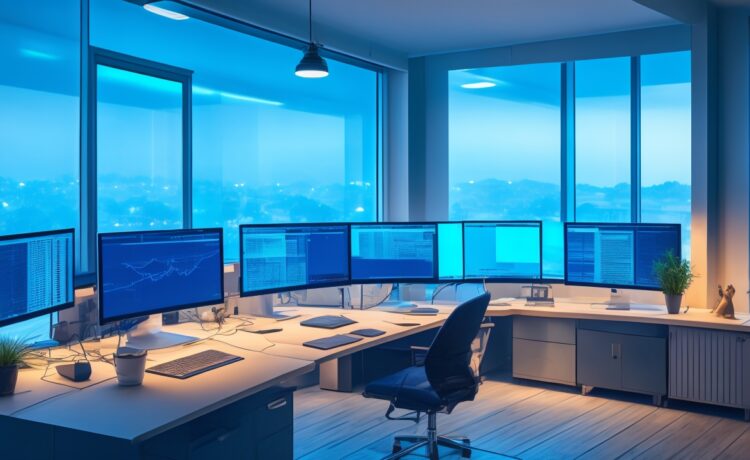 Ein lichtdurchflutetes Büro mit einem fokussierten Data-Scientist, der an einem modernen Laptop arbeitet, umgeben von Bildschirmen mit dynamischen Datenvisualisierungen, während die warme, natürliche Sonneneinstrahlung eine einladende und produktive Atmosphäre schafft.
