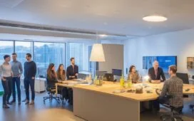Ein helles, natürlich beleuchtetes Büro mit einem interdisziplinären Team, das in lebendiger Atmosphäre konzentriert lebhaft an kreativen Ideen und Prototypen arbeitet, um gemeinsam durch nutzerzentrierte Produktentdeckung innovative digitale Lösungen zu schaffen und dabei durch warme Farbtöne und freundliche Gesichter eine inspirierende Stimmung voller Vertrauen und Zusammenarbeit ausstrahlt.
