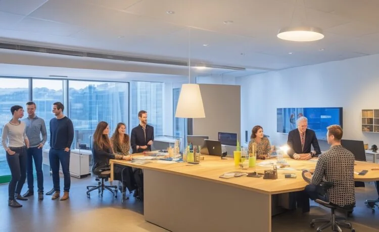 Ein helles, natürlich beleuchtetes Büro mit einem interdisziplinären Team, das in lebendiger Atmosphäre konzentriert lebhaft an kreativen Ideen und Prototypen arbeitet, um gemeinsam durch nutzerzentrierte Produktentdeckung innovative digitale Lösungen zu schaffen und dabei durch warme Farbtöne und freundliche Gesichter eine inspirierende Stimmung voller Vertrauen und Zusammenarbeit ausstrahlt.