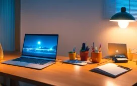 Ein warm erleuchteter, moderner Arbeitsplatz mit einem Smartphone und Laptop, auf deren Bildschirmen dynamisch animierte, interaktive Webseiten zu sehen sind, umgeben von natürlichem Tageslicht und freundlichen Gesichtern, die konzentriert an innovativer Webentwicklung arbeiten.