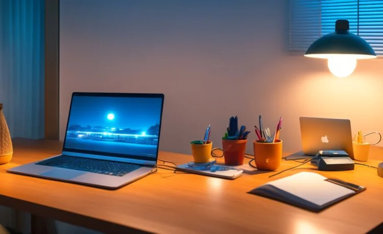 Ein warm erleuchteter, moderner Arbeitsplatz mit einem Smartphone und Laptop, auf deren Bildschirmen dynamisch animierte, interaktive Webseiten zu sehen sind, umgeben von natürlichem Tageslicht und freundlichen Gesichtern, die konzentriert an innovativer Webentwicklung arbeiten.