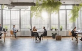 In einem modernen, hell erleuchteten Co-Working-Space arbeiten diverse junge Entwickler konzentriert an Laptops, während natürliche Sonnenstrahlen durch große Fenster hereinfallen und eine warme, einladende Atmosphäre schaffen, die innovative Webentwicklung und die digitale Zukunft Deutschlands lebendig widerspiegelt.