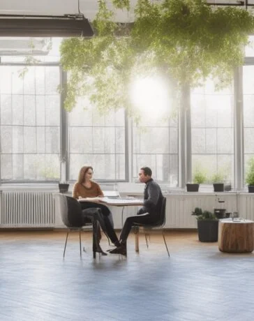 In einem modernen, hell erleuchteten Co-Working-Space arbeiten diverse junge Entwickler konzentriert an Laptops, während natürliche Sonnenstrahlen durch große Fenster hereinfallen und eine warme, einladende Atmosphäre schaffen, die innovative Webentwicklung und die digitale Zukunft Deutschlands lebendig widerspiegelt.