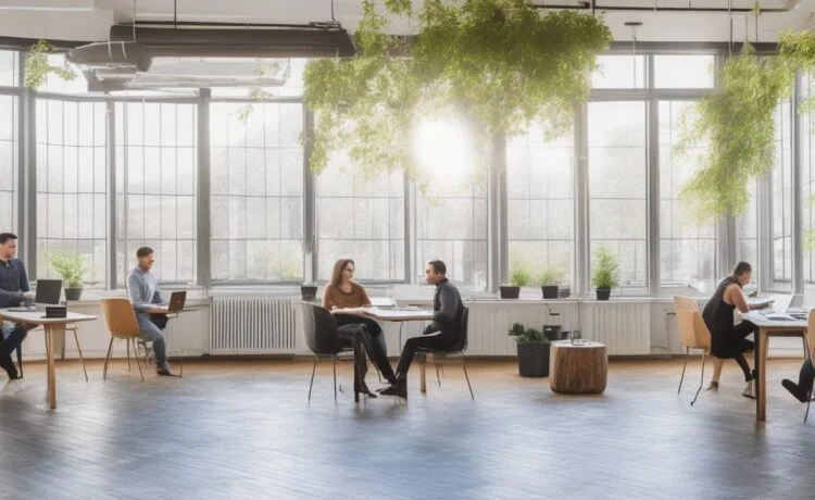 In einem modernen, hell erleuchteten Co-Working-Space arbeiten diverse junge Entwickler konzentriert an Laptops, während natürliche Sonnenstrahlen durch große Fenster hereinfallen und eine warme, einladende Atmosphäre schaffen, die innovative Webentwicklung und die digitale Zukunft Deutschlands lebendig widerspiegelt.