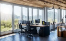Ein strahlend helles, natürlich beleuchtetes Büro mit Entwicklerinnen und Entwicklern, die konzentriert an modernen Laptops arbeiten, während sanft warme Sonnenstrahlen durch große Fenster fallen und lebendige Teamarbeit sowie innovative Technik in einer freundlichen, entspannten Atmosphäre ausstrahlen.