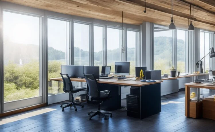 Ein strahlend helles, natürlich beleuchtetes Büro mit Entwicklerinnen und Entwicklern, die konzentriert an modernen Laptops arbeiten, während sanft warme Sonnenstrahlen durch große Fenster fallen und lebendige Teamarbeit sowie innovative Technik in einer freundlichen, entspannten Atmosphäre ausstrahlen.