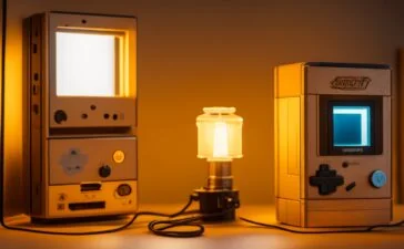 Eine helle, natürlich beleuchtete Szene zeigt eine liebevoll modifizierte Gameboy-Kamera auf einem warm ausgeleuchteten Holztisch, umgeben von sanft verschwommenen Retro-Gaming-Zubehörteilen und modernem Kameraobjektiv, die durch das gemütliche Licht eine harmonische Brücke zwischen nostalgischem Charme und zeitgenössischer Technik schlagen.