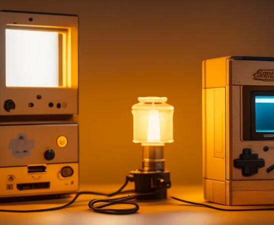 Eine helle, natürlich beleuchtete Szene zeigt eine liebevoll modifizierte Gameboy-Kamera auf einem warm ausgeleuchteten Holztisch, umgeben von sanft verschwommenen Retro-Gaming-Zubehörteilen und modernem Kameraobjektiv, die durch das gemütliche Licht eine harmonische Brücke zwischen nostalgischem Charme und zeitgenössischer Technik schlagen.