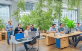 Ein strahlend helles, natürlicher Licht durchflutetes Büro mit einem modernen, entspannten Team, das konzentriert an einem Laptop und Tablets zusammenarbeitet, umgeben von warmen Holzmöbeln und grünen Pflanzen, vermittelt die optimistische Energie und die fusionierte Kreativität einer Zukunft, in der KI-gestützte Tools wie GPT-5 Copilot den Arbeitsalltag menschlich und produktiv neu gestalten.