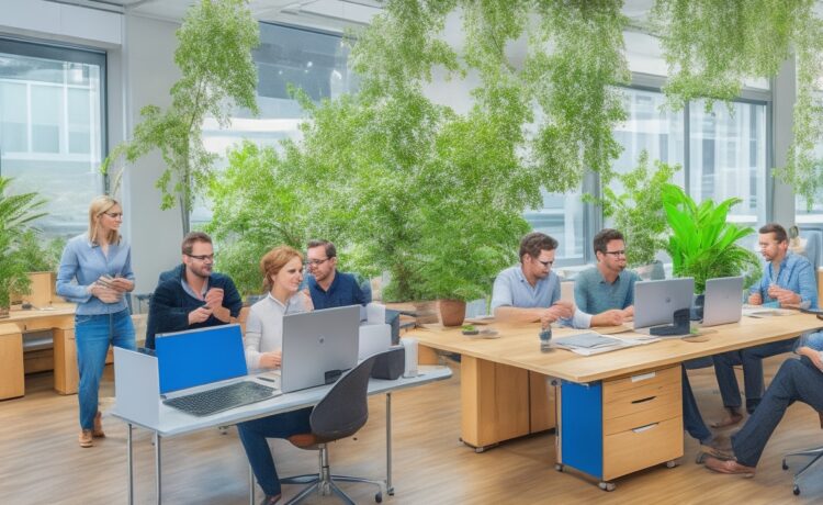Ein strahlend helles, natürlicher Licht durchflutetes Büro mit einem modernen, entspannten Team, das konzentriert an einem Laptop und Tablets zusammenarbeitet, umgeben von warmen Holzmöbeln und grünen Pflanzen, vermittelt die optimistische Energie und die fusionierte Kreativität einer Zukunft, in der KI-gestützte Tools wie GPT-5 Copilot den Arbeitsalltag menschlich und produktiv neu gestalten.