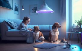 In einem hellen, freundlich beleuchteten Wohnzimmer interagiert eine junge Familie mit einem futuristisch designten, KI-gesteuerten Roboterhund, dessen glänzende Metalloberfläche lebendig im warmen Tageslicht reflektiert wird und so eine einladende Atmosphäre voller Nähe und Technologie verbindet.